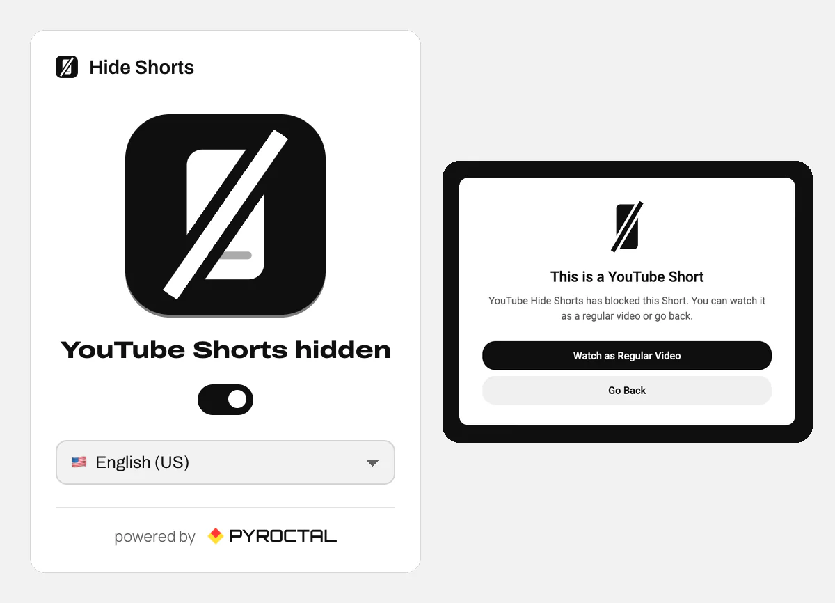 The YouTube Hide Shorts popup with the status YouTube Shorts hidden, and the screen a Shorts link opens: Watch as Regular Video or Go Back